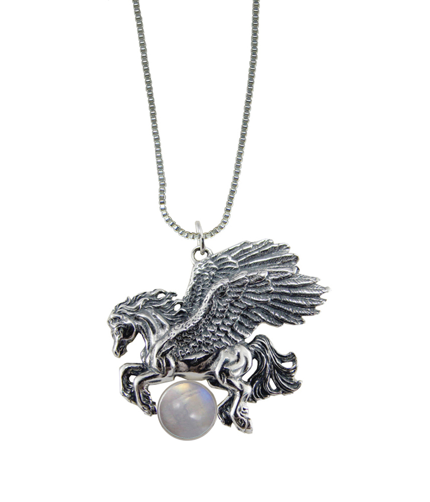 Sterling Silver Detailed Winged Horse Pegasus Pendant With Rainbow Moonstone